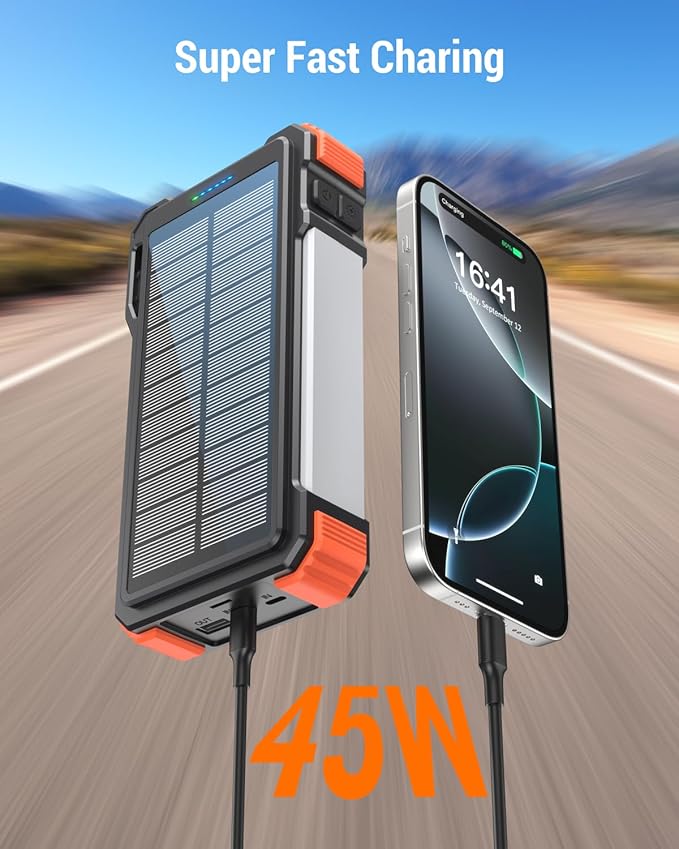 BLAVOR 45W Solar Charger Power Bank 20000mAh Wireless Portable Charger Built-in Cables, PD QC Fast Charging Battery Pack with USB-C for iPhone, Samsung, Dual Flashlight & Carabiner for Camping, Hiking