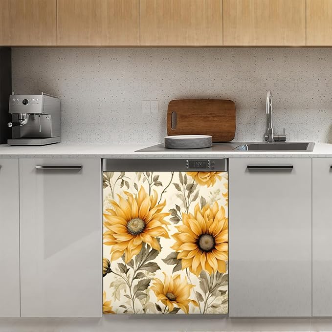 Dishwasher Magnet Cover Retro Sunflower Florals Flower Pattern Reusable Dishwasher Magnetic Cover Sticker Decorative Dish Washer Door Cover Panel for Home Kitcen Appliance, 21x26 in