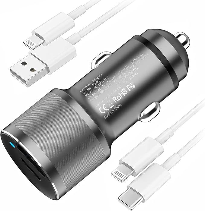 MOCA 38W Fast Car Charger, 2-Port PD/QC 3.0 All Metal Car Power Adapter W/2 PCS 3.3ft PD Lightning Cord Quick Charging for iPhone 17/16/15 Series, Samsung Galaxy S25/S24/S23 Series, iPad Pro, AirPods