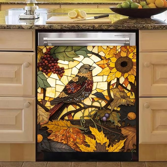 Stained Glass Bird Dishwasher Door Panel Decal Cover, Stained Glass Art Dishwasher Full Door Cover Sunflower Grape Dishwasher Sticker - 23" W x 26" H Ordinary