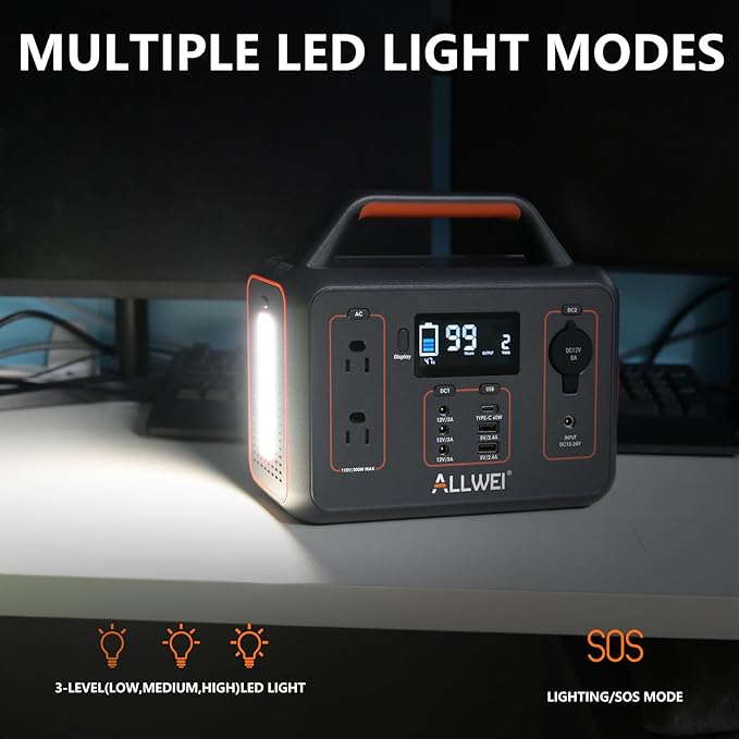 ALLWEI Portable Power Station 300W, 256Wh Solar Generator with 110V Pure Sine Wave AC Outlet,6 Output Ports,Backup LiFePO4 Battery Generator for Camping Outdoor Emergency Home (Solar Panel Optional)