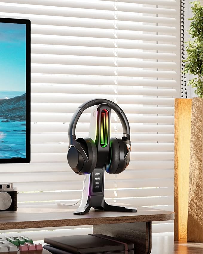IFYOO RGB Gaming Headset Stand with 2 USB and 1 Type-C Ports, Game Headphone Mount for PC Computer, Xbox One, Xbox Series S/X, PS5, PS4, Earphone Holder Hanger, Desk Gamer Accessories, Black&White