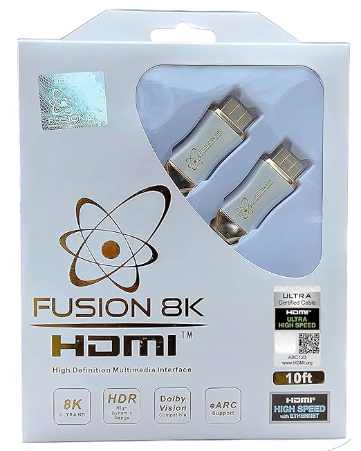 Fusion8K White HDMI 2.1 Cable 10 Feet - Certified 48Gbps 8K@60Hz 4K@120Hz 10K | HDR Dolby Vision eARC | Braided Cord for PS5 Xbox Series X Apple TV 4K