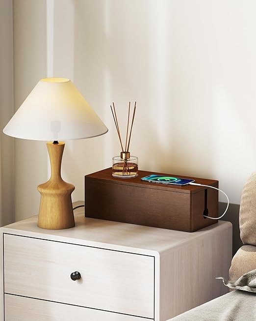 YECAYE Solid Wood Cable Management Box, Walnut Color Cable Organizer Box with Magnetic Closure, for Power Strip & Wire Storage, Cord Organizer, Hide Cords, Home Office Decor,14.2 x 6.1 x 4.1 Inch