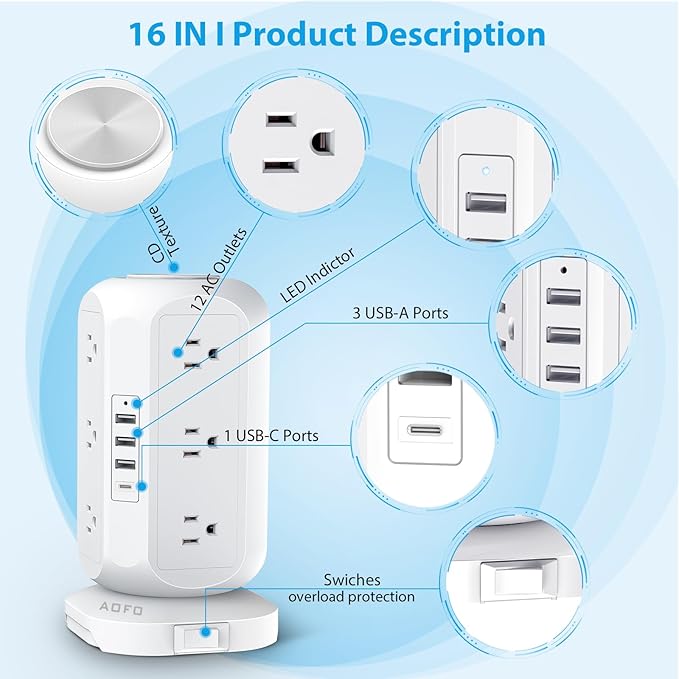 15 ft Long Extension Cord Power Strip Tower,AOFO Power Strip 12 AC Outlets 4 USB(1 USB C) Ports, Charging Tower Overload Protection with Multiple Outlets for Home Dorm Office