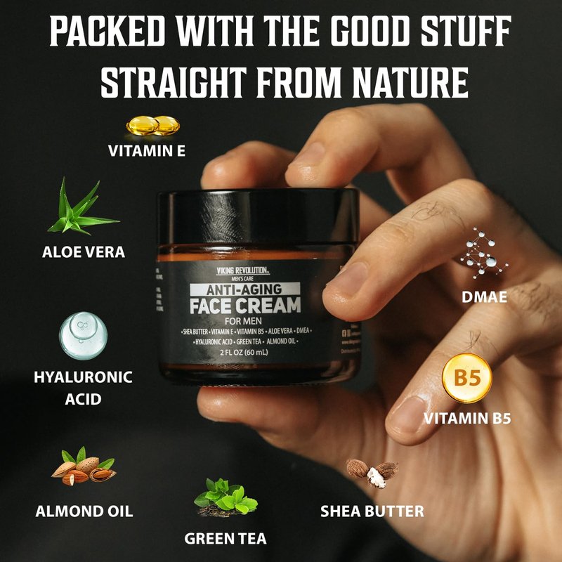 Viking Revolution Mens Anti Aging Face Cream - Mens Face Moisturizer for Men with Hyaluronic Acid, Aloe Vera, Vitamin E - Wrinkle Cream for Men with Vitamin B5, Green Tea (2 Fl Oz)