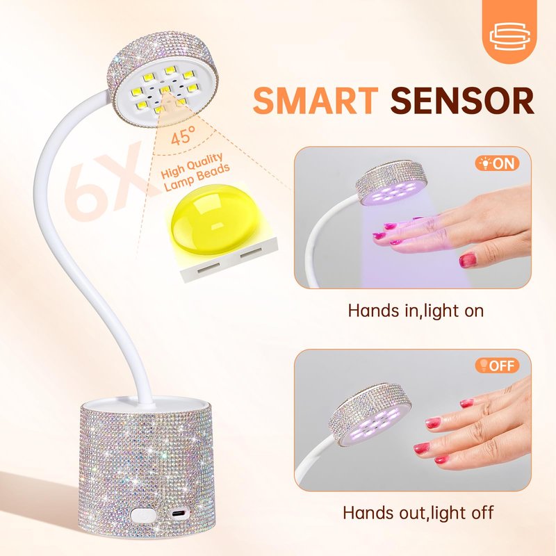 CHRISTINE SHELLY UV Nail Lamp, Flash Cure Nail Lamp Mini UV Light for Gel Nails Polish, Rechargeable Nail Dryer, Quick Drying Gooseneck UV Lamp for Home Nail Salon DIY Manicure, AB Diamond
