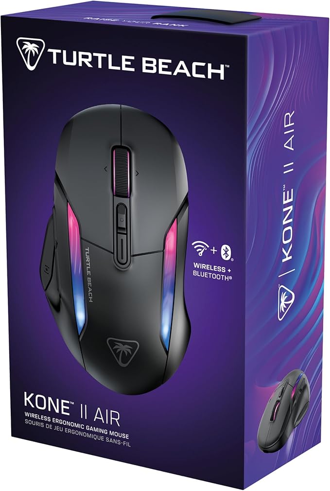 Turtle Beach Kone II Air Wireless RGB Gaming Mouse, 350-Hr Rechargeable Battery, 26000 DPI Optical Sensor, 100M Click Optical Switches, 21 Customizable Inputs, Ergonomic, 4D Scroll Wheel – Ash Black