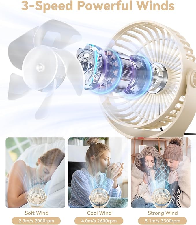 Edvision USB Desk Fan, 5 Inch Mini Portable, 3 Speeds Strong Airflow Personal Desktop, Detachable Cooling Fan 360° Rotation Quiet Small Fan for Desk Home Office Travel Car, Beige, 5ft Cable