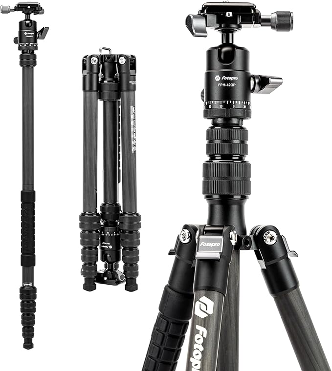Fotopro 62" Carbon Fiber Travel Tripod, Lightweight Compact Camera Tripod with Ball Head and Arca-Swiss Quick Release Plate, Detachable Monopod, Carry Bag, Load up to 8KG/17.63lbs, Weighs only 2lbs.