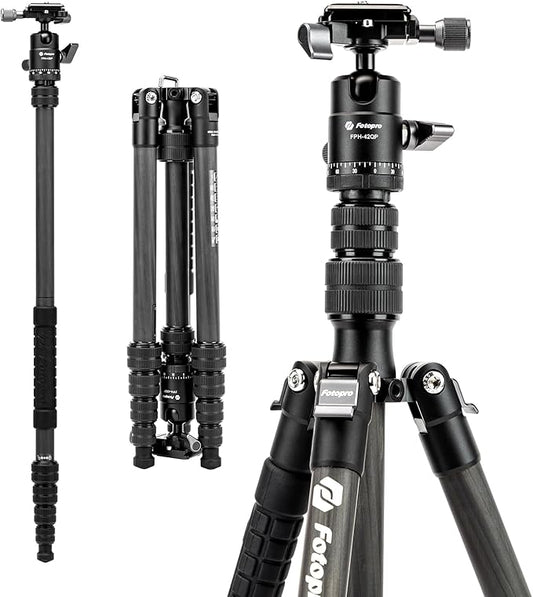 Fotopro 62" Carbon Fiber Travel Tripod, Lightweight Compact Camera Tripod with Ball Head and Arca-Swiss Quick Release Plate, Detachable Monopod, Carry Bag, Load up to 8KG/17.63lbs, Weighs only 2lbs.