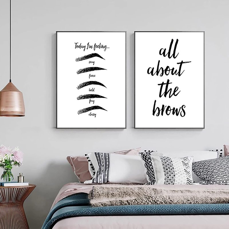 Eyebrow Art Prints - Beauty Salon Canvas Wall Art | Black & White Eyebrow Quotes | 12x16 Inch Unframed Set of 3