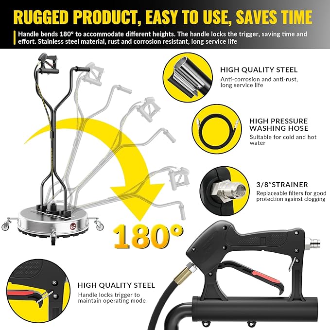 20 Inch Pressure Washer Surface Cleaner with 4 Wheels,Dual Handle,Stainless Steel Housing,4500 PSI Power Washer Accessory for Concrete, Patio, Sidewalk, Deck, Driveways and Daily Washing