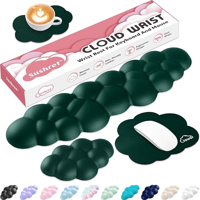 Sushret Cloud Wrist Rest for Computer Keyboard, 4-in-1 Memory Foam Leather Cloud Keyboard Wrist Rest and Mouse Pad Set with Ergonomic Support for Arm and Palm Cushion, Gaming/Work Setup, Dark Green