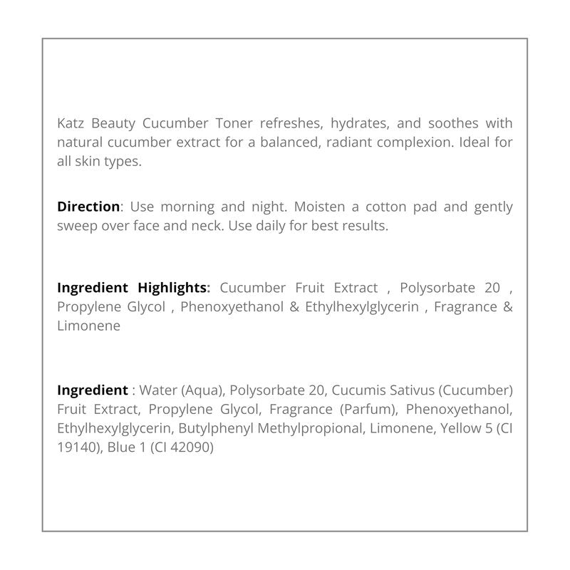 Katz Beauty Cucumber Toner with Natural Cucumber Fruit Extract, 140 ml (5 oz) - Hydrating, Soothing Facial Mist for All Skin Types