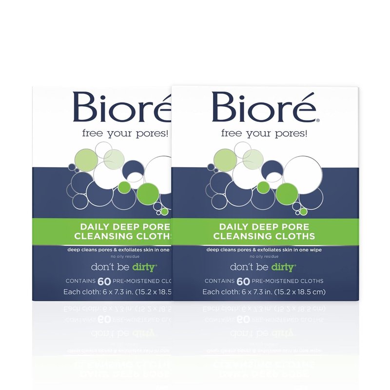 Bioré Daily Makeup Removing Cloths - Deep Pore Cleansing Wipes | 60 Count, Pack of 2
