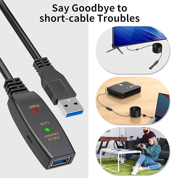 LDKCOK 75ft Active USB 3.0 Extension Cable with Signal Booster, USB A Male to Female Extender Cord, Includes Micro USB Power Cable for VR Headset, Webcam, Hard Drive, Printer, Xbox, Plug and Play