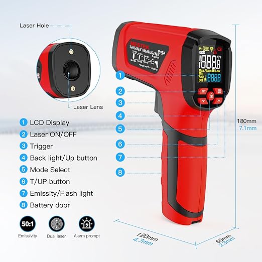 -40℉~2912℉ MESTEK Infrared Thermometer High Temperature Gun,50:1 Dual Laser Thermometer/K-Probe 14°F - 932°F, Digital Laser IR Temp Gun for Cooking,Pizza Oven, Engine, Kiln, Forging, Industrial Use ﻿