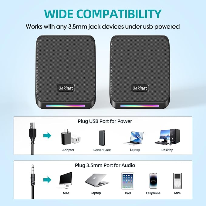 Uakinat Computer Speakers,with 7 Colorful RGB Lights, Headphone Jack, Enhanced Bass and Volume Control, PC Speakers USB Powered Gaming Speakers for Laptop Monitor PC Tablet Phone
