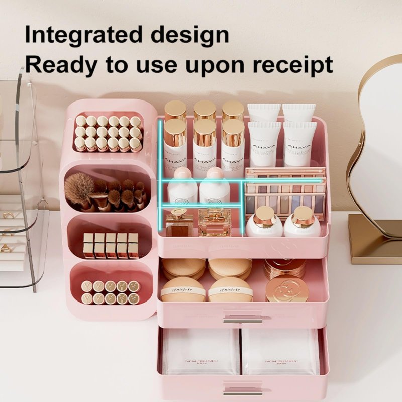 KQJS Makeup Organizer with Drawers,Large Capacity Countertop Organizer for Vanity,Bathroom and Bedroom Desk Cosmetics Organizer,Easy To Storage Skincare,Brushes,Lotions (All Pink)