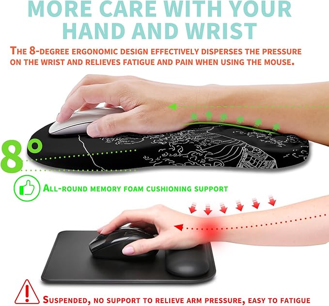 Kuosgm Ergonomic Mouse Pad Wrist Support with Memory Foam Massage Bulge, Carpal Tunnel Pain Relief Mousepad Wrist Rest for Mouse(12x8 inch,Sea Wave)