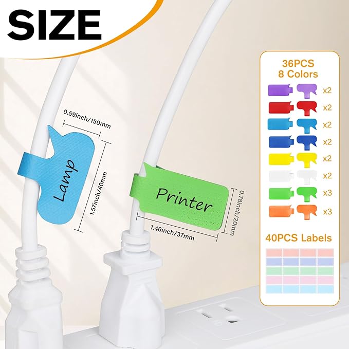 36-Pack Large Cable Labels with 40 Write-On Stickers, Reusable 8-Color Wire Tags for Electronics, Cord ID & Cable Management for Home Office, PC Network - Rectangle & Oval