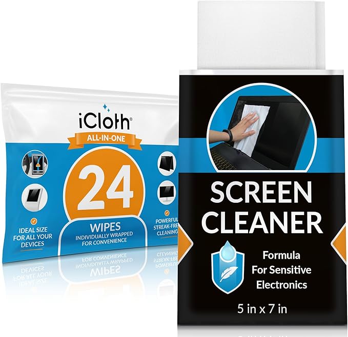 iCloth Screen Cleaner Wipes Individually Wrapped Travel Size Streak-Free (24 Large Wipes)