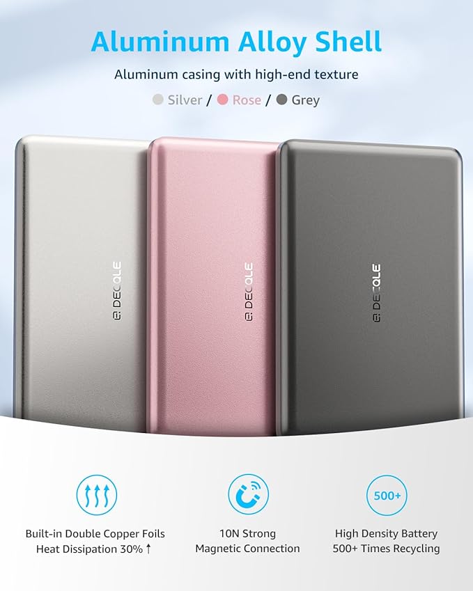decqle “Air” Power Bank for MagSafe 5000mAh, Ultra Slim Magnetic Wireless Portable Battery Charger Case with USB-C Cable, Compatible with iPhone 17/16/15/14/13/12 Series Only (Grey)
