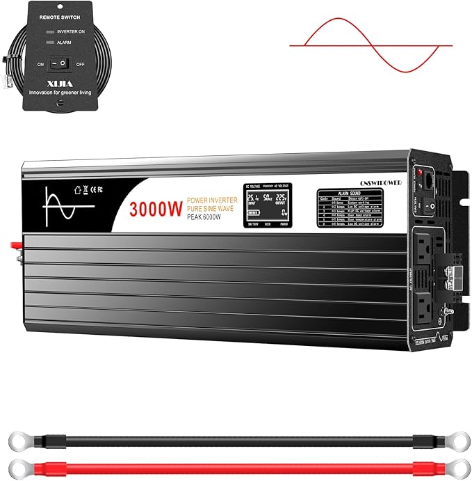 Xijia 3000W Pure Sine Wave Inverter 12V DC to 120V AC Converter for Home, RV, Truck, Off-Grid Solar Power 110V with Smart Bluetooth App Remote Control