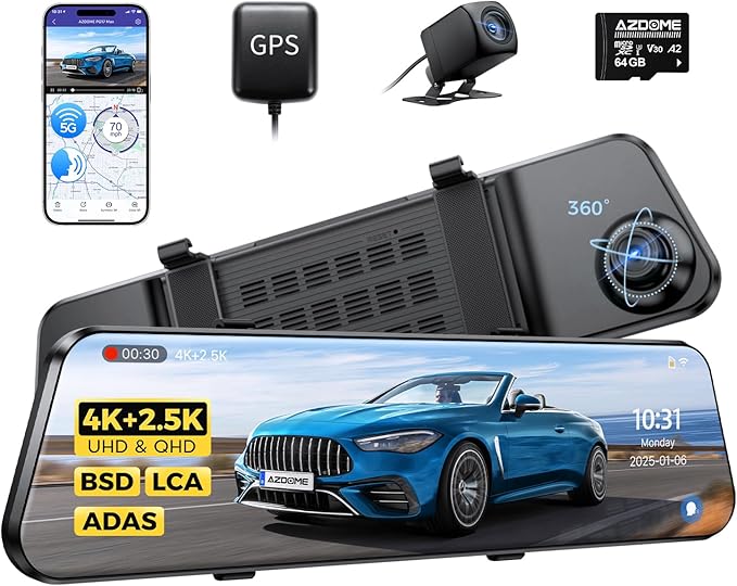 AZDOME 4K+2.5K Mirror Dash Cam with AR effects, ADAS, BSD & LCA Rear View Mirror Camera, 12" Rearview Mirror Camera, 5.8GHz WiFi, Voice Control, GPS, backup camera mirror Includes 64GB Card (PG17 Max)