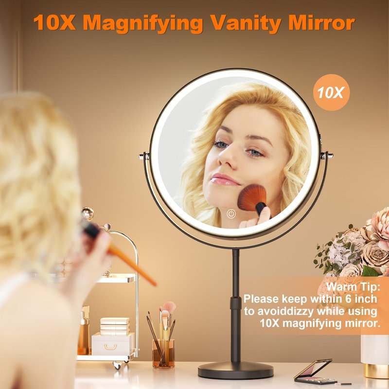 Hasipu 10” LED Makeup Mirror with 1X/10X Magnification - Rechargeable Vanity Mirror, 3 Color Modes, Touch Control, 360° Rotation & Height Adjustable Nickel