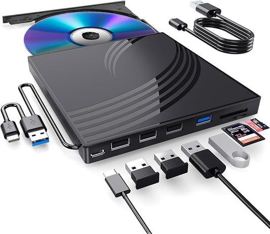 BPAKDU External CD/DVD Drive for Laptop, Ultra Slim CD Burner USB 3.0 Hub with 4 USB Ports, 2 TF/SD Card Slots,1 Type-C Port,DVD Player for Laptop Compatible with mac OS/Windows/Linux (Black)