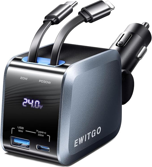EWITGO Retractable Car Charger, Car Accessories, 72W Fast Charging USB C Car Charger with 4FT Retractable Cables and 2 Ports, for iPhone 16 15 14 13 12, Samsung etc Warm Grey