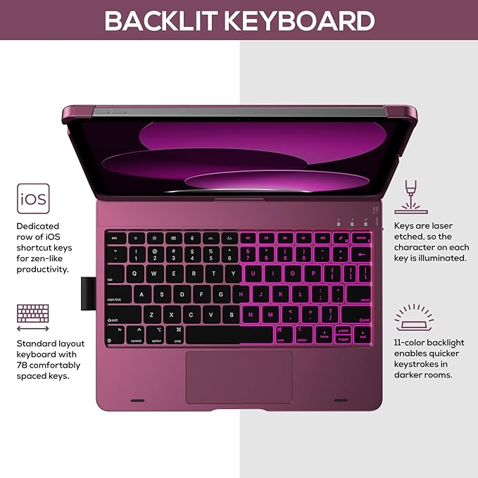 typecase Touch iPad 11th 10th Generation Case with Keyboard (11" 2025, A16 & 10.9" 2022) – 360° Rotatable, 11-Color Backlit, Multi-Touch Trackpad, Pencil Holder, Thin & Light – Raspberry