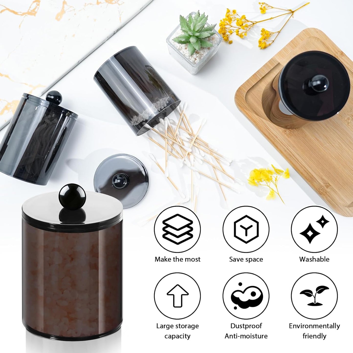 XIPENGKEJI Qtip Holder Set - Stylish Canister Jars for Cotton Swabs & Pads | 10oz-12oz Black Bathroom Organizers