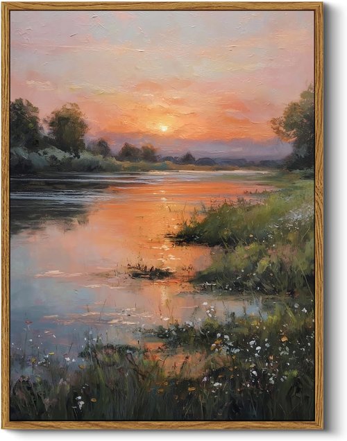 HUARCEY Framed Canvas Wall Art - Vintage Landscape Sunset Lake Decor | Modern Farmhouse 12x16in