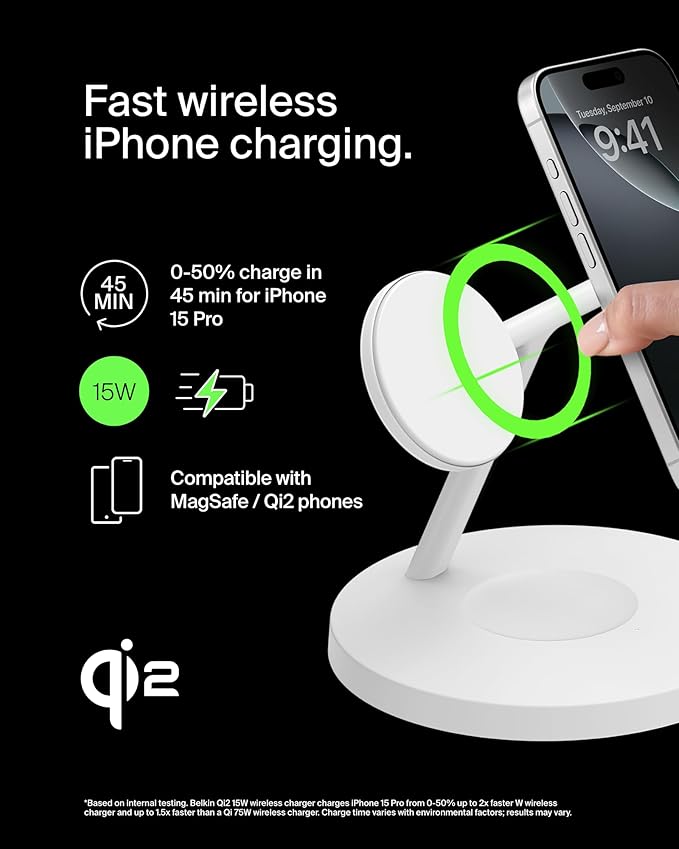 Belkin MagSafe-Compatible iPhone Charger, 3-in-1 Wireless Charging Station, Qi2-Certified 15W Wireless Charge for Apple iPhone 17 Series, Apple Watch, AirPods w/Non-Slip Base, 40W Included - White