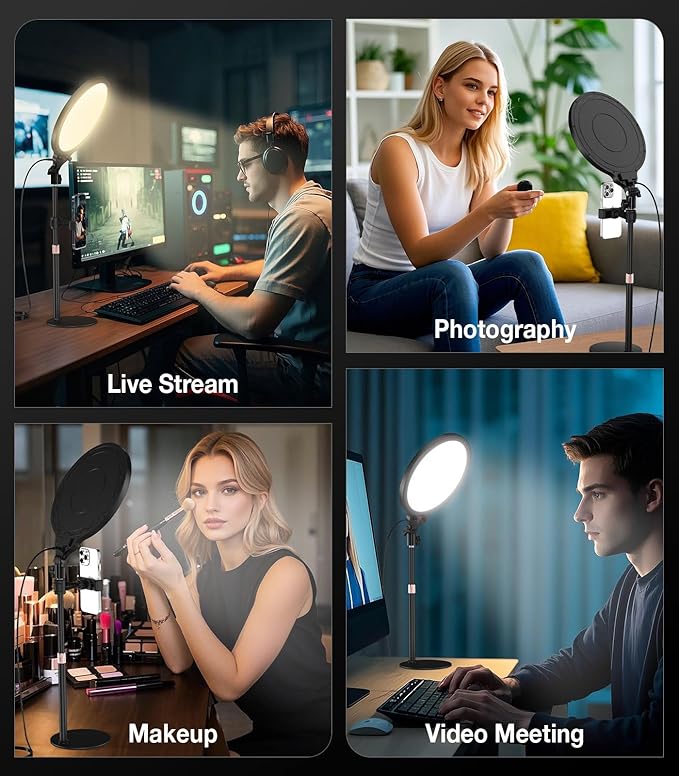 Moko LED Ring Light for Desk, 10" Full-Screen Desk Ring Light with Stand, Dimmable Zoom Lighting for Computer, Desk Light for Video Recording, Video Calls, Live Streaming, TikTok, Makeup