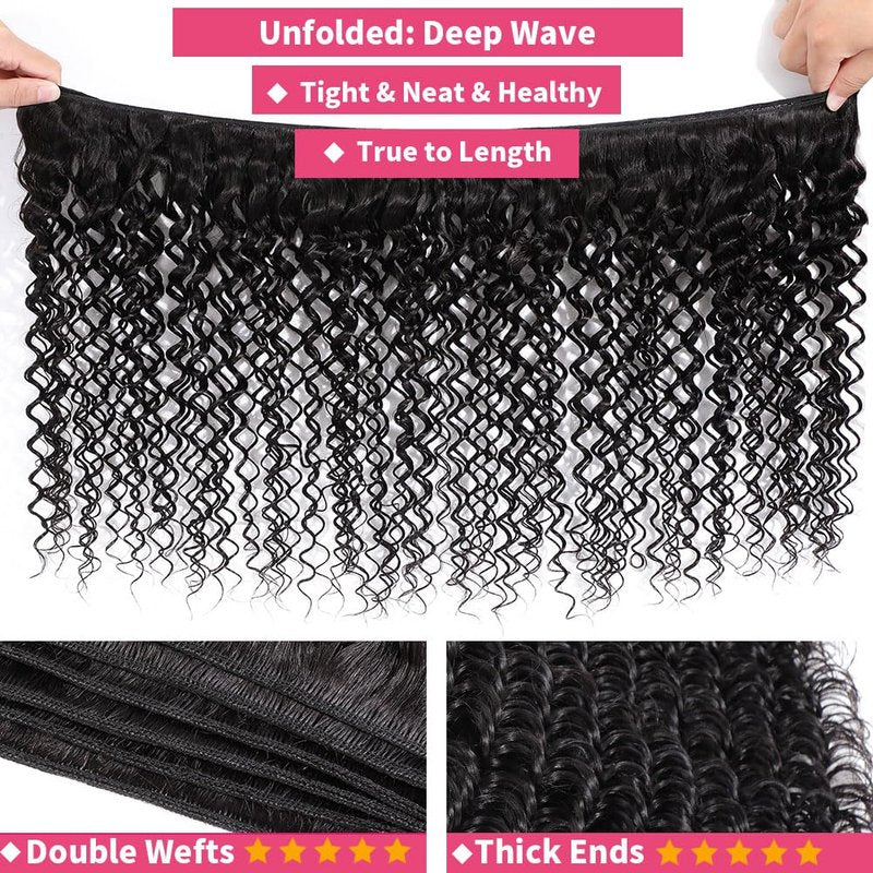 msVenus 12A Deep Wave Bundles Human Hair 20 Inches, 100% Unprocessed Indian Human Hair Bundles Wet and Wavy Raw Virgin Hair One Bundles Deal Curly Weave Bundles(Natural Color, 20 Inches)