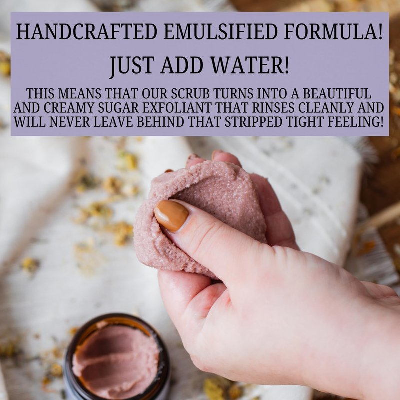 Emulsified Face Sugar Scrub, Organic squalane oil/Castor oil: infused Chamomile, Kokum Butter, Purple Clay, Colloidal Oatmeal, Manuka Honey-Gentle exfoliant: Dry/Sensitive/Acne-Prone (NURTURE)