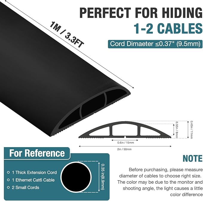 Floor Cord Cover, Cable Protector, 0.63W x 0.31H inches, Wire Cover for Extension Cords, Floor Cable Covers Prevent Cable Trips (Black, 50-3.3 Feet)