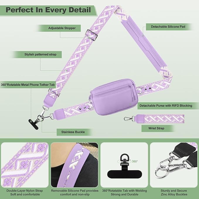 YFWE Clip and Go Strap for Phone with Wallet Crossbody, Adjustable Phone Lanyard with Detachable RFID Wristlet Wallet, Pattern Strap, Purple (M)
