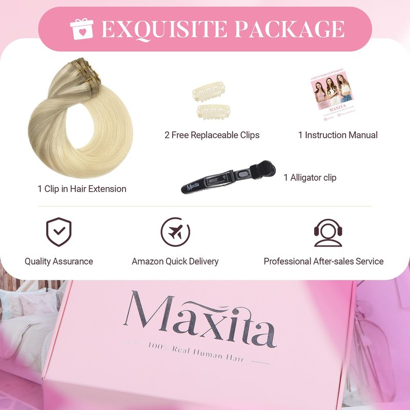 MAXITA Clip in Hair Extensions Real Human Hair,Remy Hair Extensions Clip ins Double Weft for Women,Natural Real Human Hair,14Inch 60g 5Pcs,Ash Blonde Highlighted Platinum Blonde