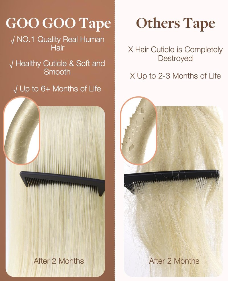 GOO GOO Invisi Edge Tape in Hair Extensions Human Hair, 18A/613A Dark Blonde Highlighted Bleach Blonde, 6pcs 20inch 18g, Virgin Remy Hair, Seamless Injected Tape, Natural Look