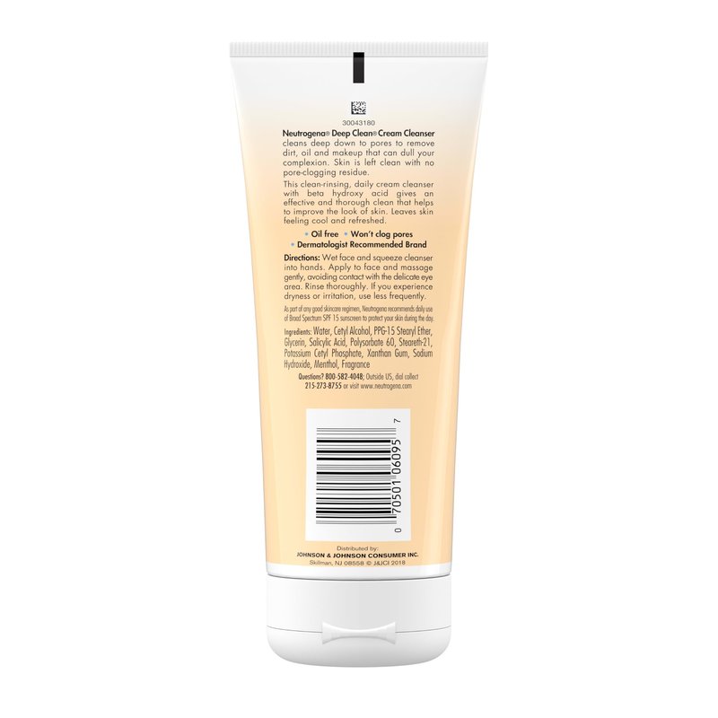 Neutrogena Deep Clean Daily Facial Cream Cleanser with Beta Hydroxy Acid to Remove Dirt, Oil & Makeup, Alcohol-Free, Oil-Free & Non-Comedogenic, 7 fl. oz