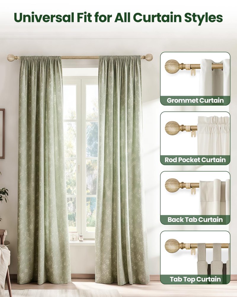 OICIPT Boho Wood Curtain Rods for Windows 48 to 84 Inch, 1" Adjustable Curtain Rod with Imitation Wooden Grain Finials, Decorative Heavy Duty Rustic Farmhouse Drapery Rods, 36-88'', Weathered Wood