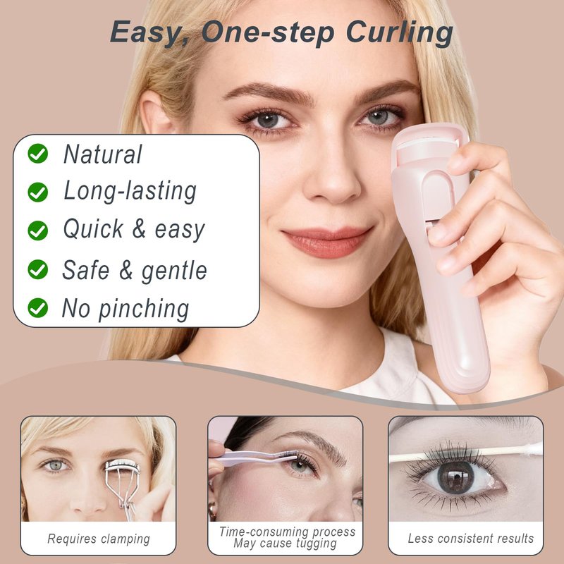 Heated Eyelash Curler for Women, Type-C Rechargeable with 3 Temp Settings & Silicone Pad for Natural C Curl, Travel-Friendly Heated Lash Curler (Pink)