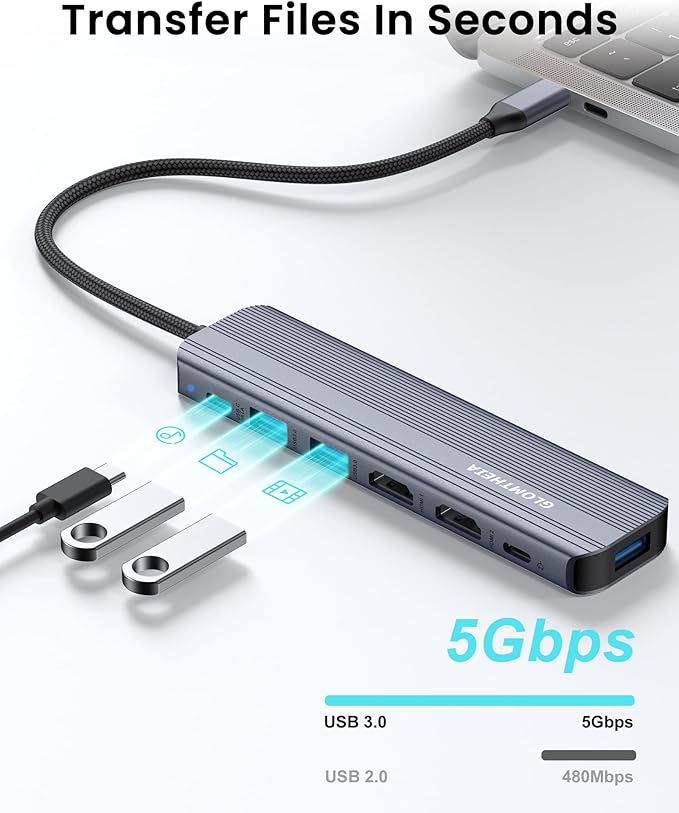 Glomtheia USB C Hub Docking Station Dual Monitor for Laptop, MacBook Air/Pro Dock Adapter Multiport Dongle with 2 HDMI Ports 4K 60Hz, 100W PD Charging, 3 USBA 3.0 & USBC