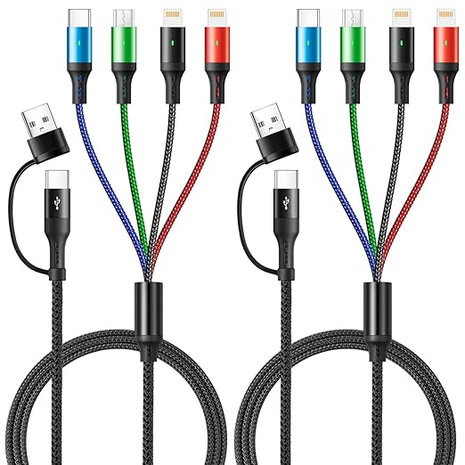 5 in 1 Multi Charging Cable 3.5A, Multi Fast Charging Cord USB A/C to Type C/Micro USB/Lightning Braided Universal Muliple Charger Cable,Multi Chargers for Cell Phones,iPhone 17 16,Galaxy (2Pack,4Ft)