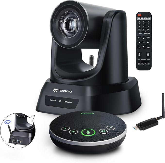 TONGVEO AI Wireless PTZ Camera System with Auto Tracking Built-in Receiver & Bluetooth Speakerphone, 5.8GHz 1080P 60fps Conference Camera with 3X Optical Zoom, for Church Zoom, OBS Meetings